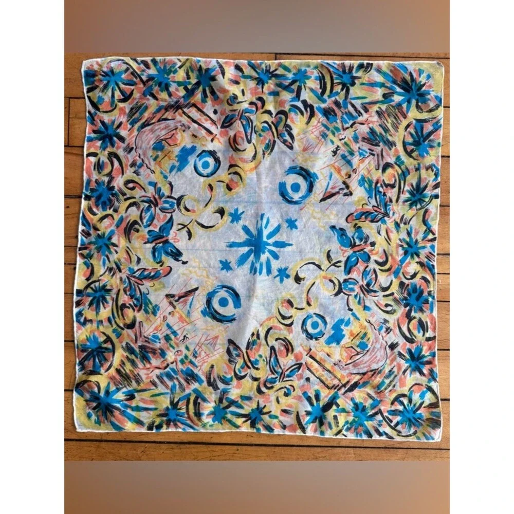 Vintage Japanese beach water painted scene Silk Scarf  blue white yellow boat